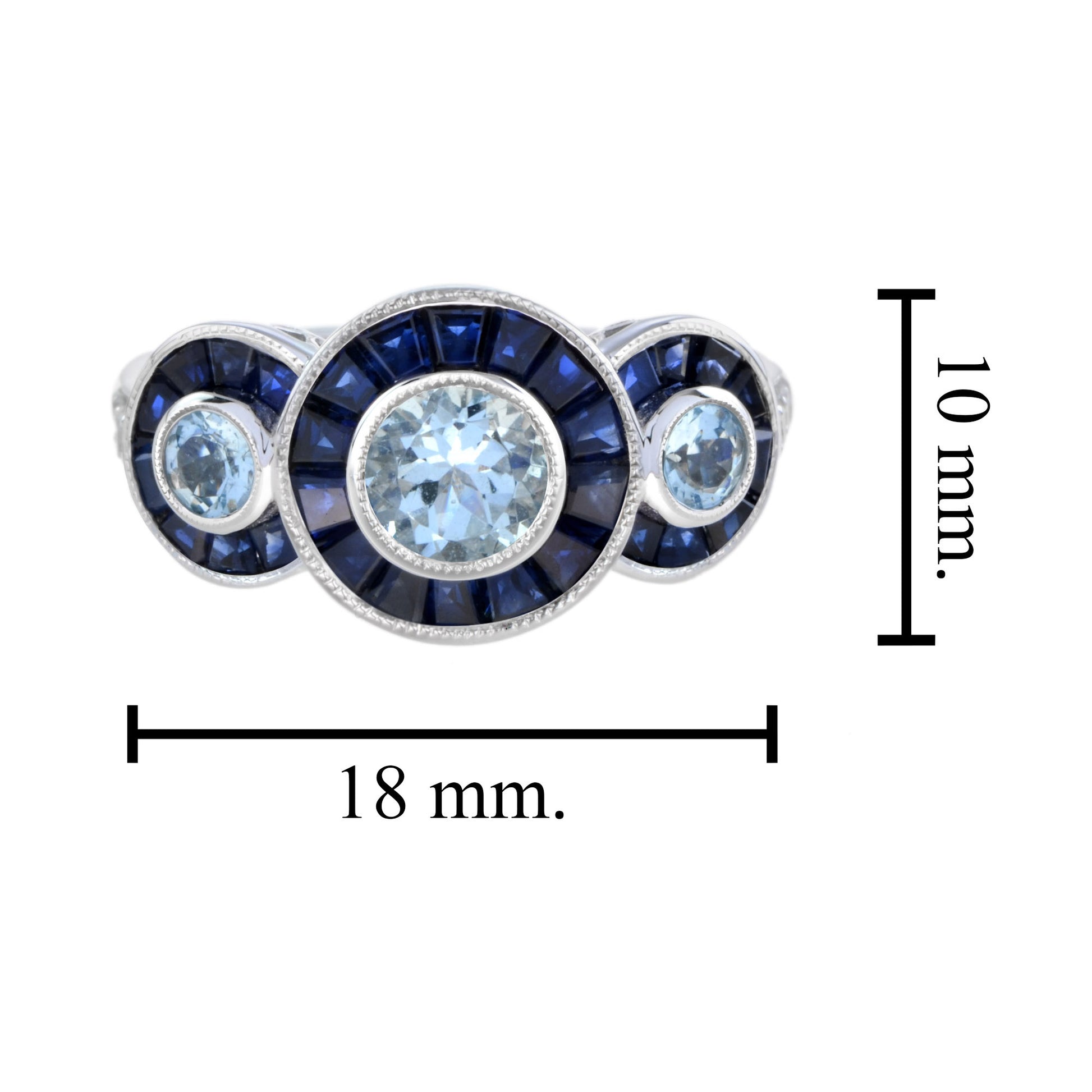 Aquamarine & Blue Sapphire and Diamond Halo Art Deco Style Three Stone Gold Ring