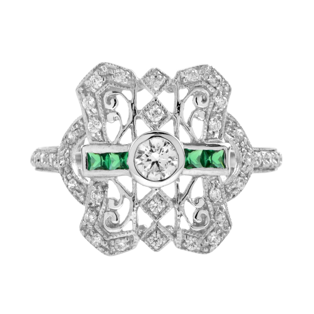 Diamond & Emerald Art Deco Style Filigree 14K White Gold Ring