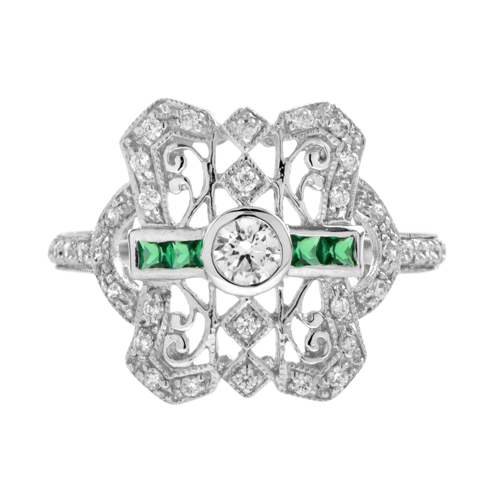 Diamond &amp; Emerald Art Deco Style Filigree 14K White Gold Ring