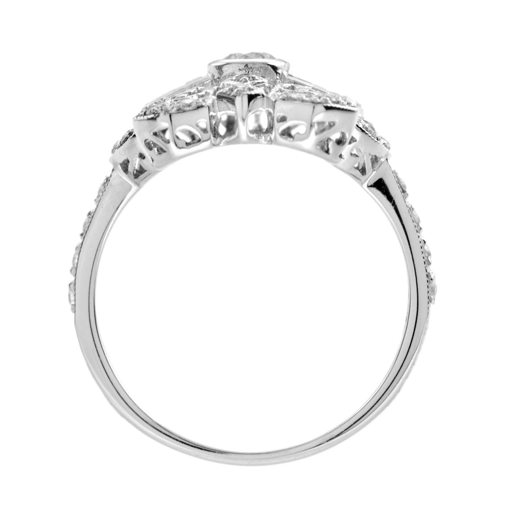 Diamond & Emerald Art Deco Style Filigree 14K White Gold Ring