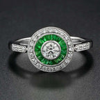 Art Deco Style Brilliant Diamond & Green Emerald Engagement Platinum Ring