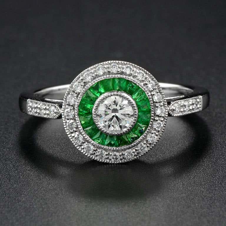 art deco style brilliant diamond & green emerald engagement platinum ring