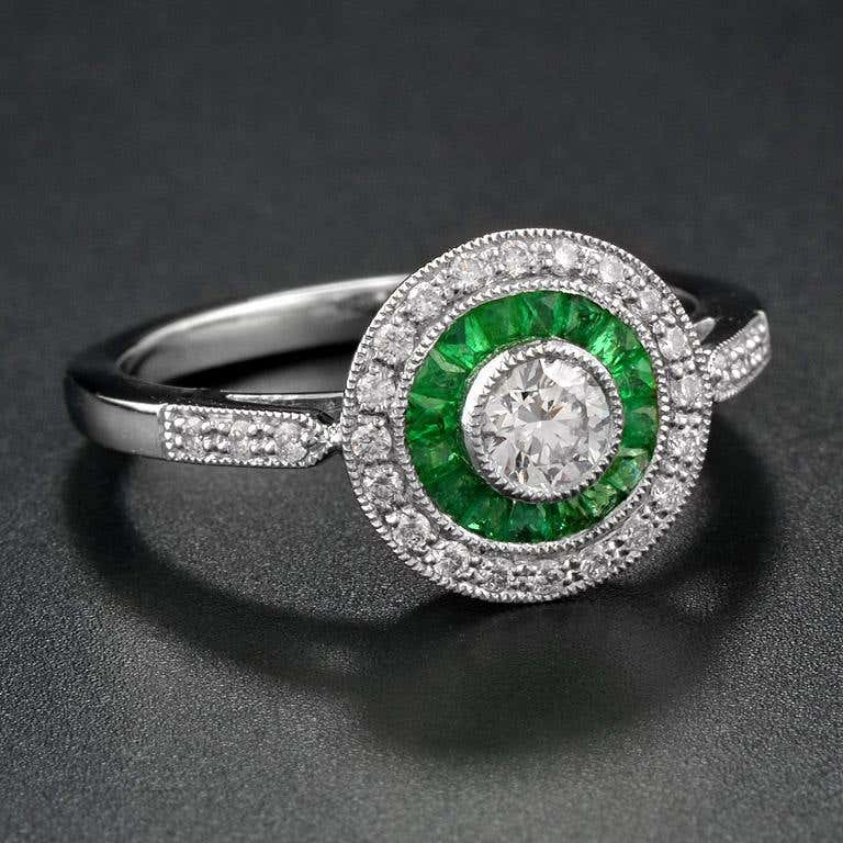 art deco style brilliant diamond & green emerald engagement platinum ring