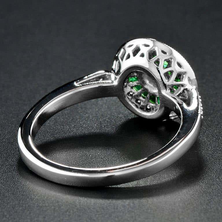 art deco style brilliant diamond & green emerald engagement platinum ring