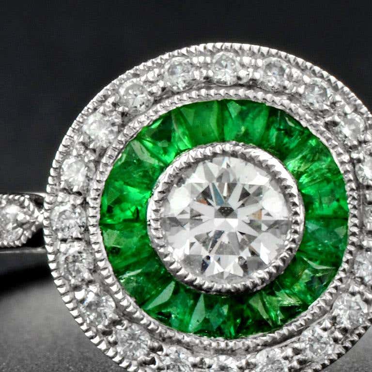 art deco style brilliant diamond & green emerald engagement platinum ring