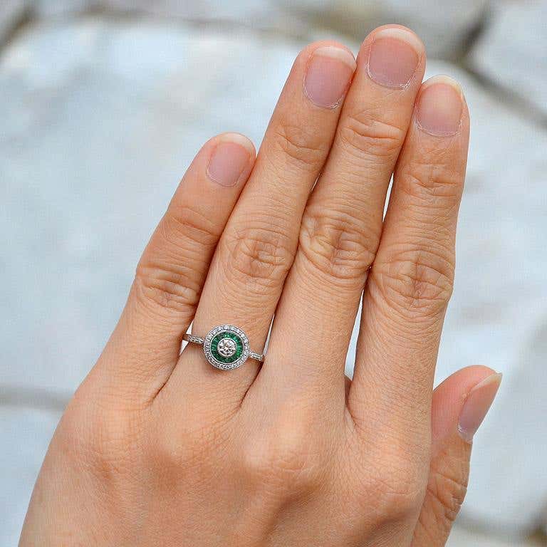 Art Deco Style Brilliant Diamond & Green Emerald Engagement Platinum Ring