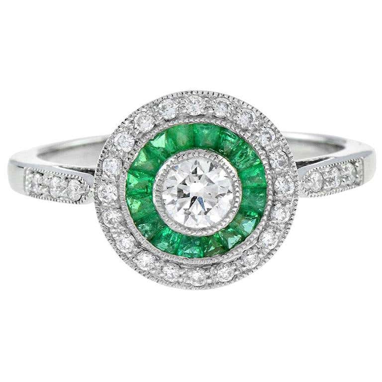 Art Deco Style Brilliant Diamond & Green Emerald Engagement Platinum Ring