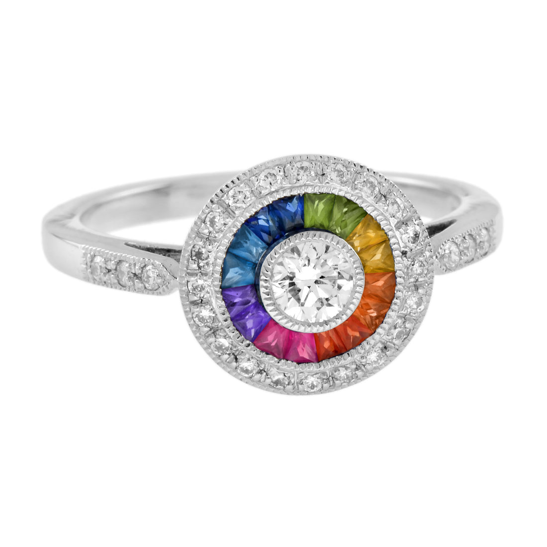 Diamond &amp; Rainbow Sapphire Art Deco Style Mosaic Set Target 14K White Gold Ring