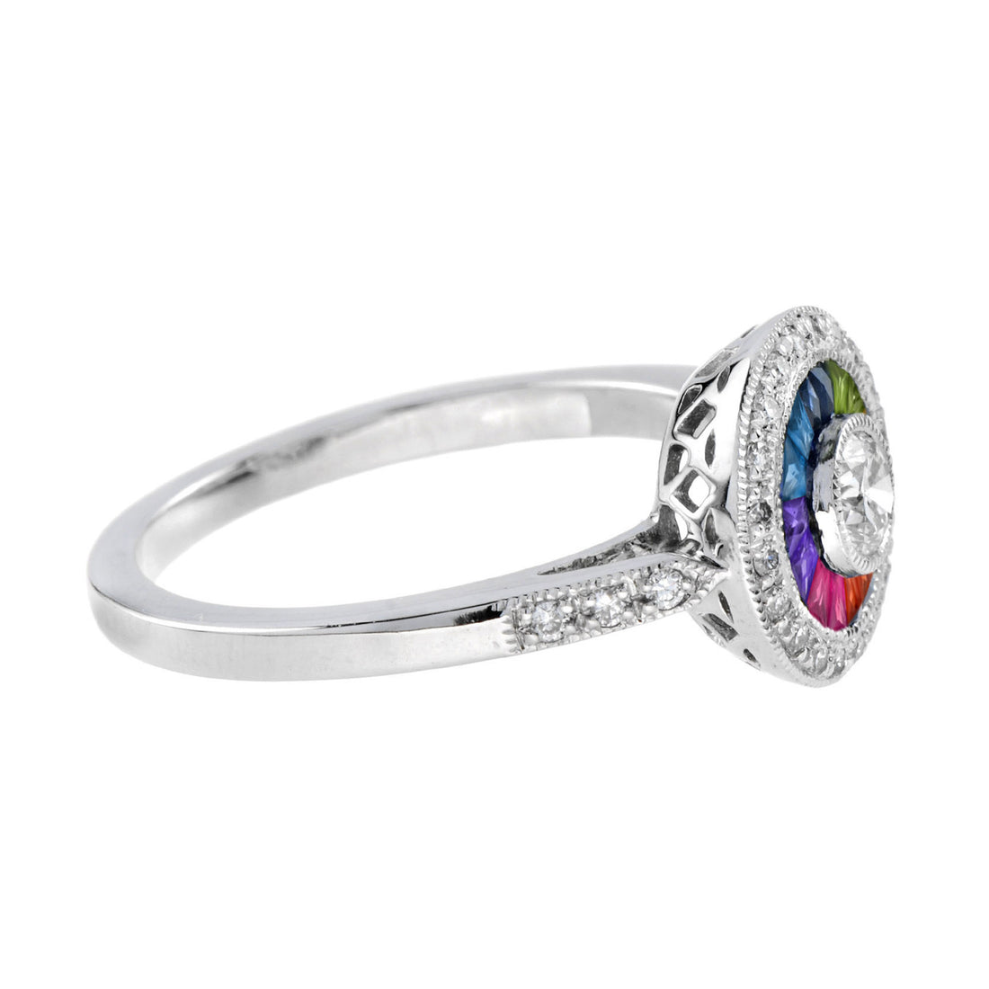 Diamond &amp; Rainbow Sapphire Art Deco Style Mosaic Set Target 14K White Gold Ring