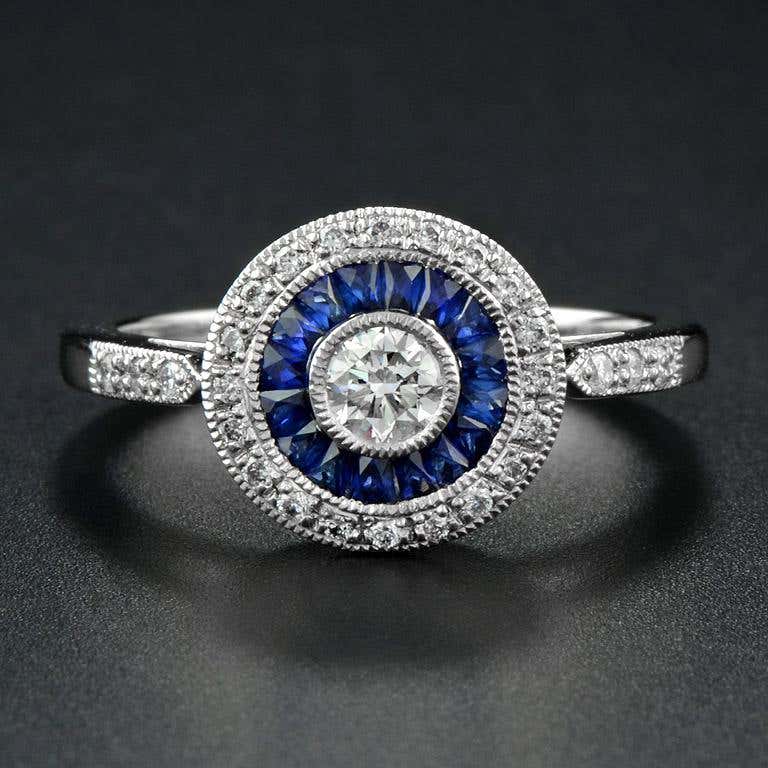 Art Deco Style Brilliant Diamond & Blue Sapphire Engagement Platinum Ring