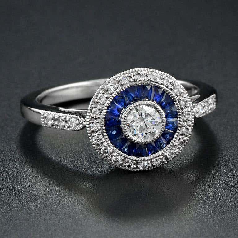 Art Deco Style Brilliant Diamond & Blue Sapphire Engagement Platinum Ring