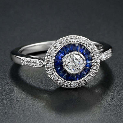 Art Deco Style Brilliant Diamond & Blue Sapphire Engagement Platinum Ring