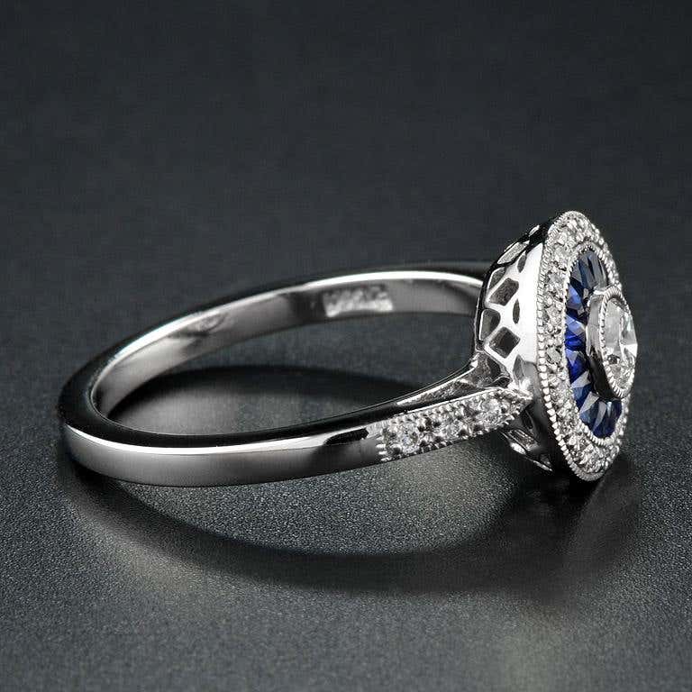 Art Deco Style Brilliant Diamond & Blue Sapphire Engagement Platinum Ring