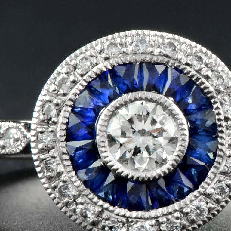 art deco style brilliant diamond & blue sapphire engagement platinum ring