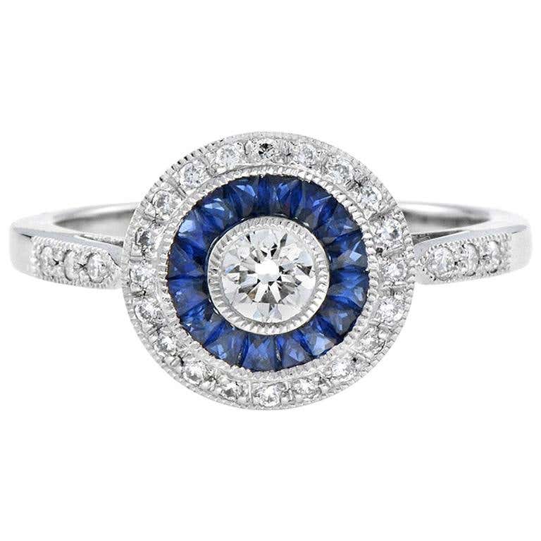 Art Deco Style Brilliant Diamond & Blue Sapphire Engagement Platinum Ring