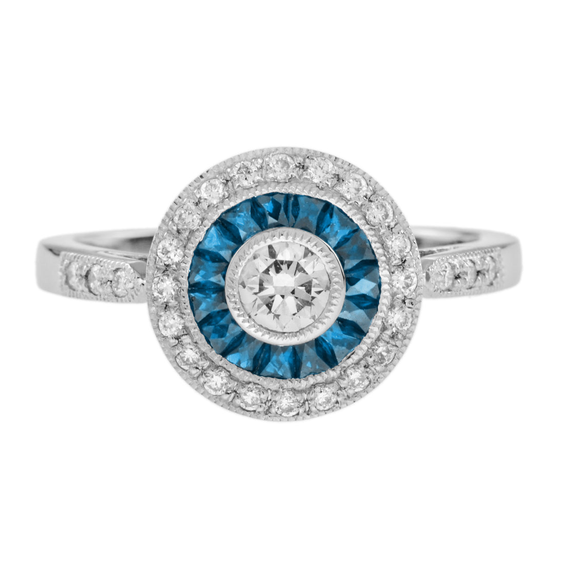 Diamond &amp; London Blue Topaz Halo Set Art Deco Style Round 14K White Gold Ring