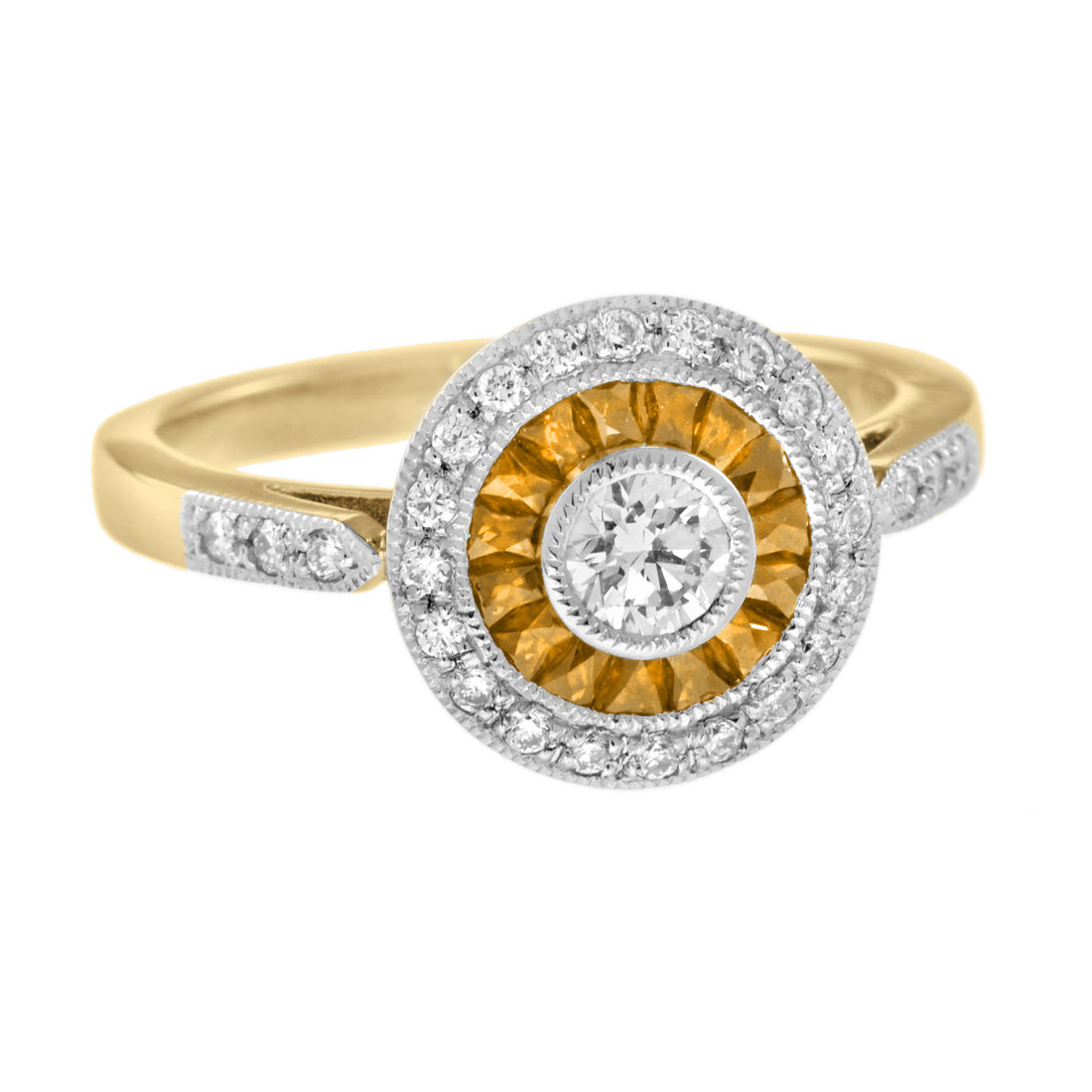 Diamond & Orange Sapphire Deco Style Target 14K Gold Statement Ring