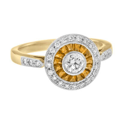 Diamond &amp; Orange Sapphire Deco Style Target 14K Gold Statement Ring