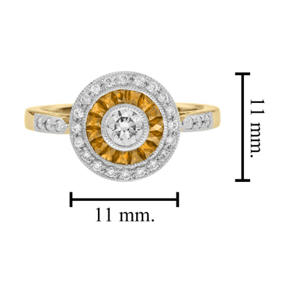 Diamond &amp; Orange Sapphire Deco Style Target 14K Gold Statement Ring
