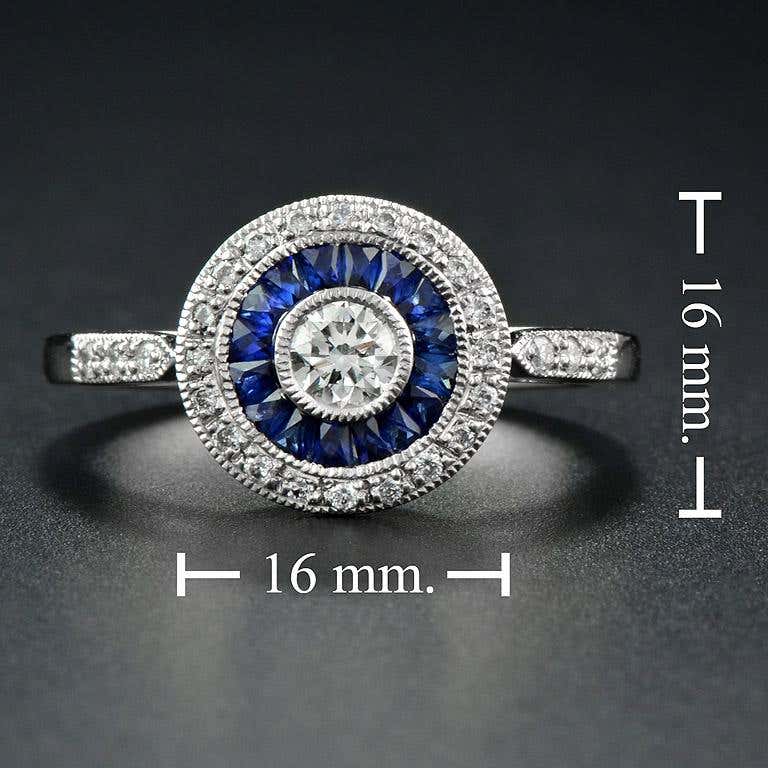 Art Deco Style Brilliant Diamond & Blue Sapphire Engagement Platinum Ring