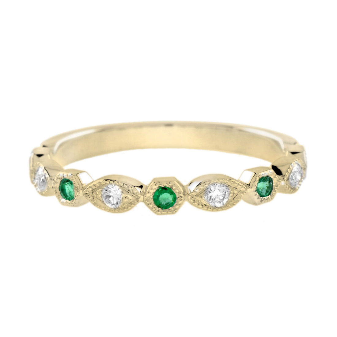 Emerald &amp; Diamond Vintage Style Half Eternity Band 14K Yellow Gold Ring