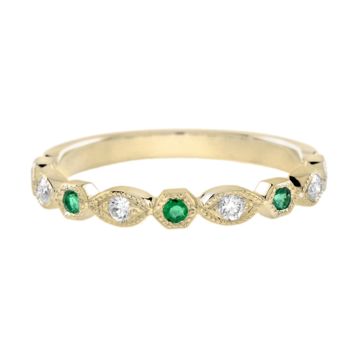 emerald & diamond vintage style half eternity band 14k yellow gold ring