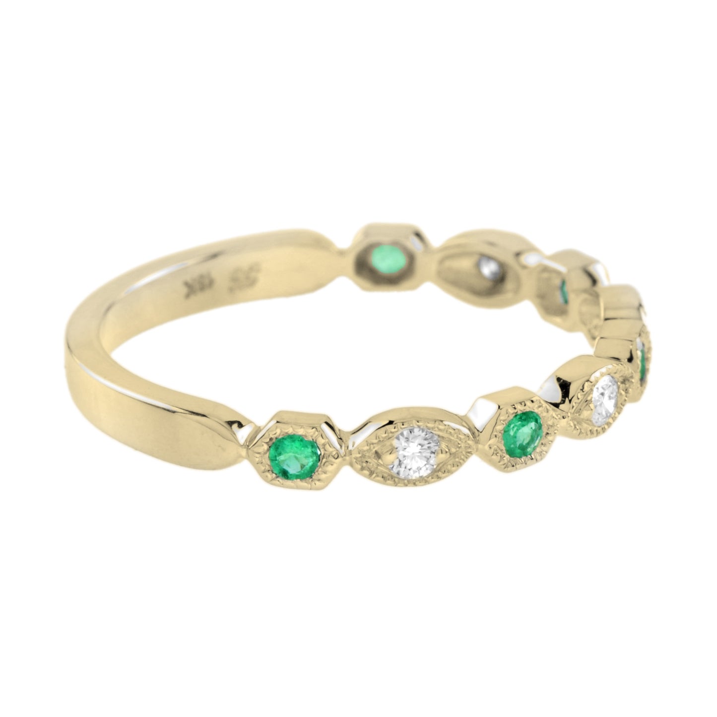 emerald & diamond vintage style half eternity band 14k yellow gold ring