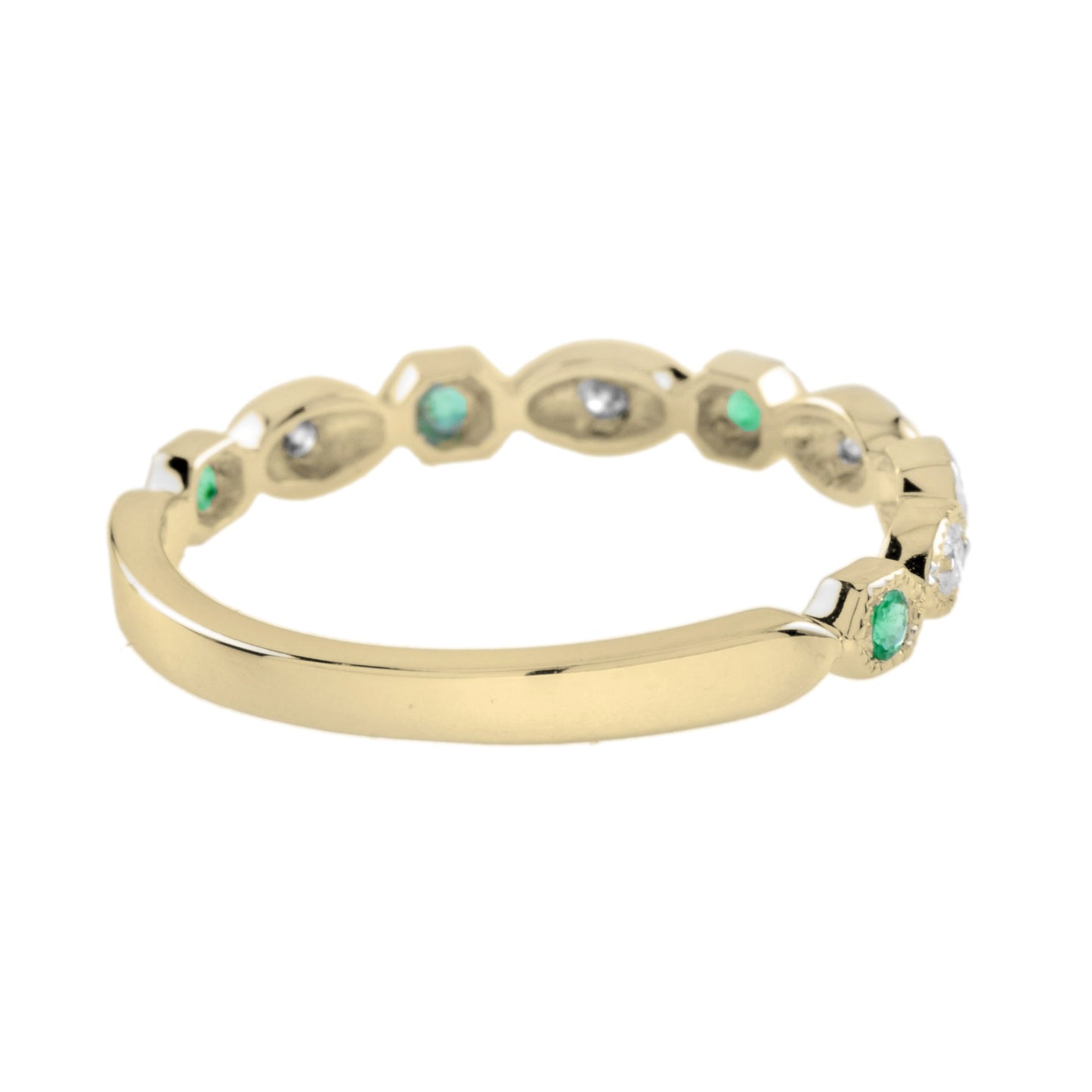 emerald & diamond vintage style half eternity band 14k yellow gold ring