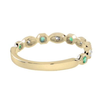 Emerald & Diamond Vintage Style Half Eternity Band 14K Yellow Gold Ring