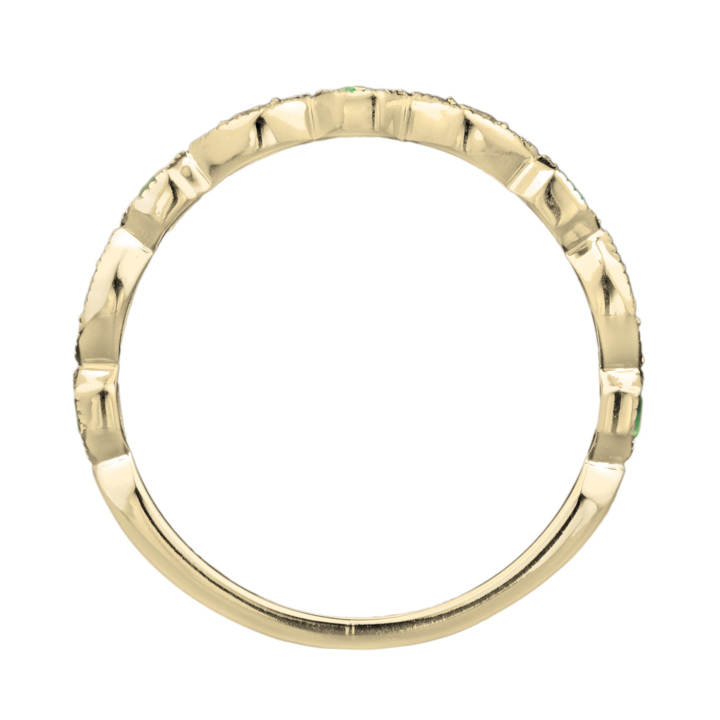 emerald & diamond vintage style half eternity band 14k yellow gold ring