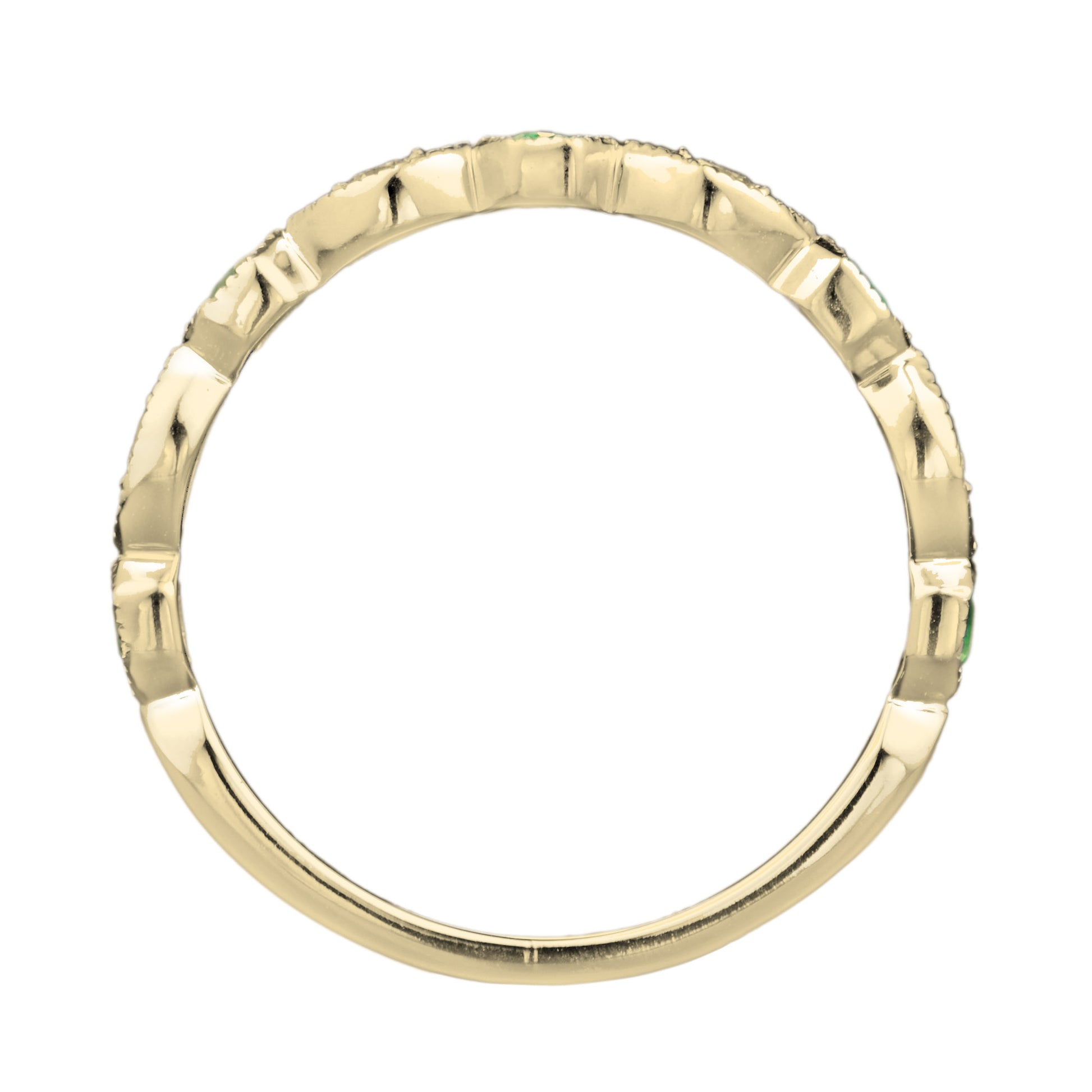 Emerald & Diamond Vintage Style Half Eternity Band 14K Yellow Gold Ring