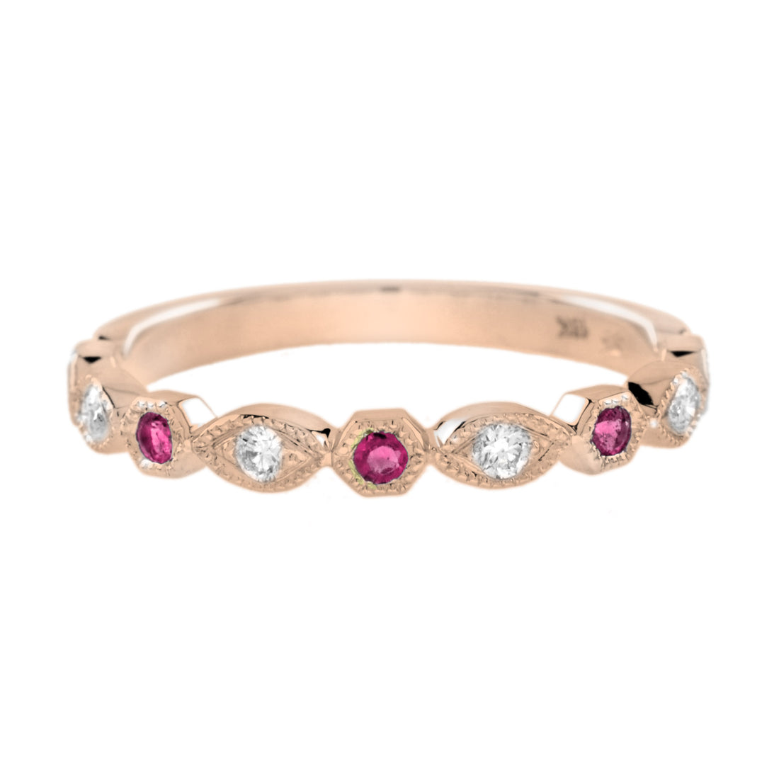 Red Pink Ruby &amp; Diamond Vintage Style Half Eternity 18K Rose Gold Band Ring