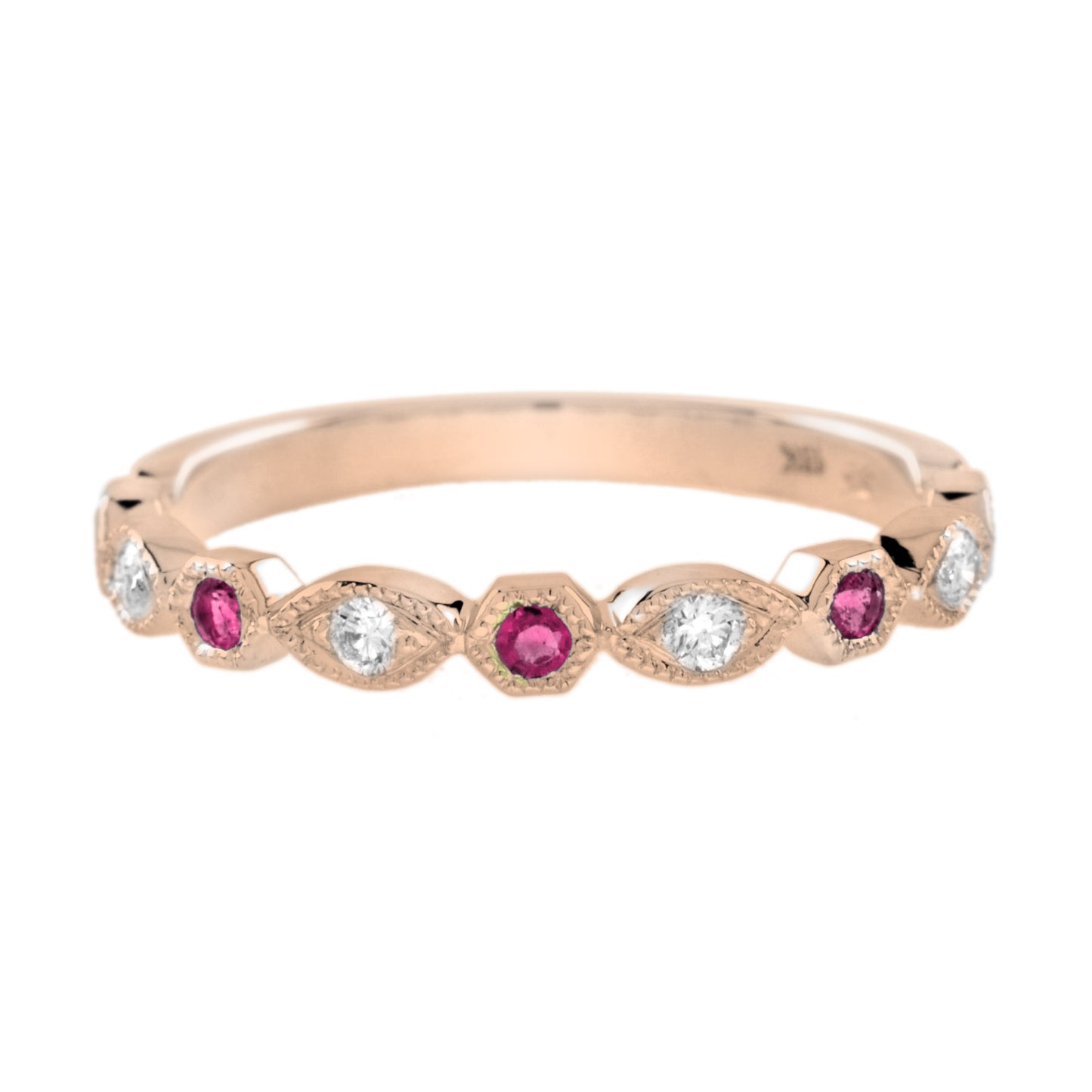 red pink ruby & diamond vintage style half eternity 18k rose gold band ring