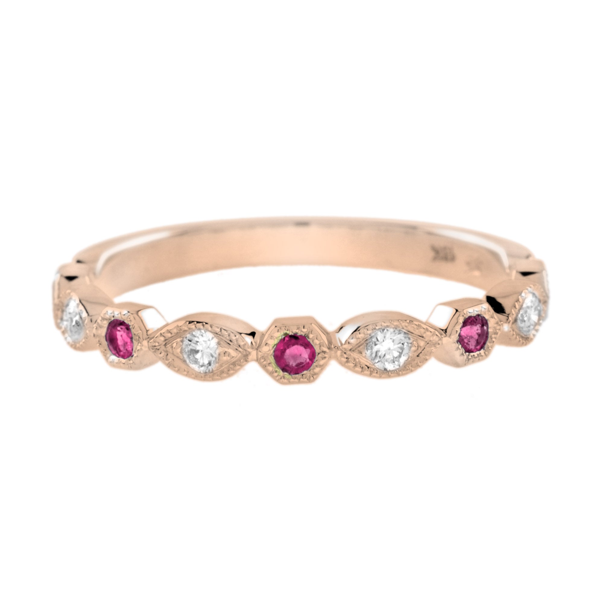 Red Pink Ruby &amp; Diamond Vintage Style Half Eternity 18K Rose Gold Band Ring