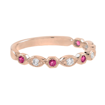 Ruby Diamond Vintage Style Band Ring Huggie Earrings Matching 14K Rose Gold Set