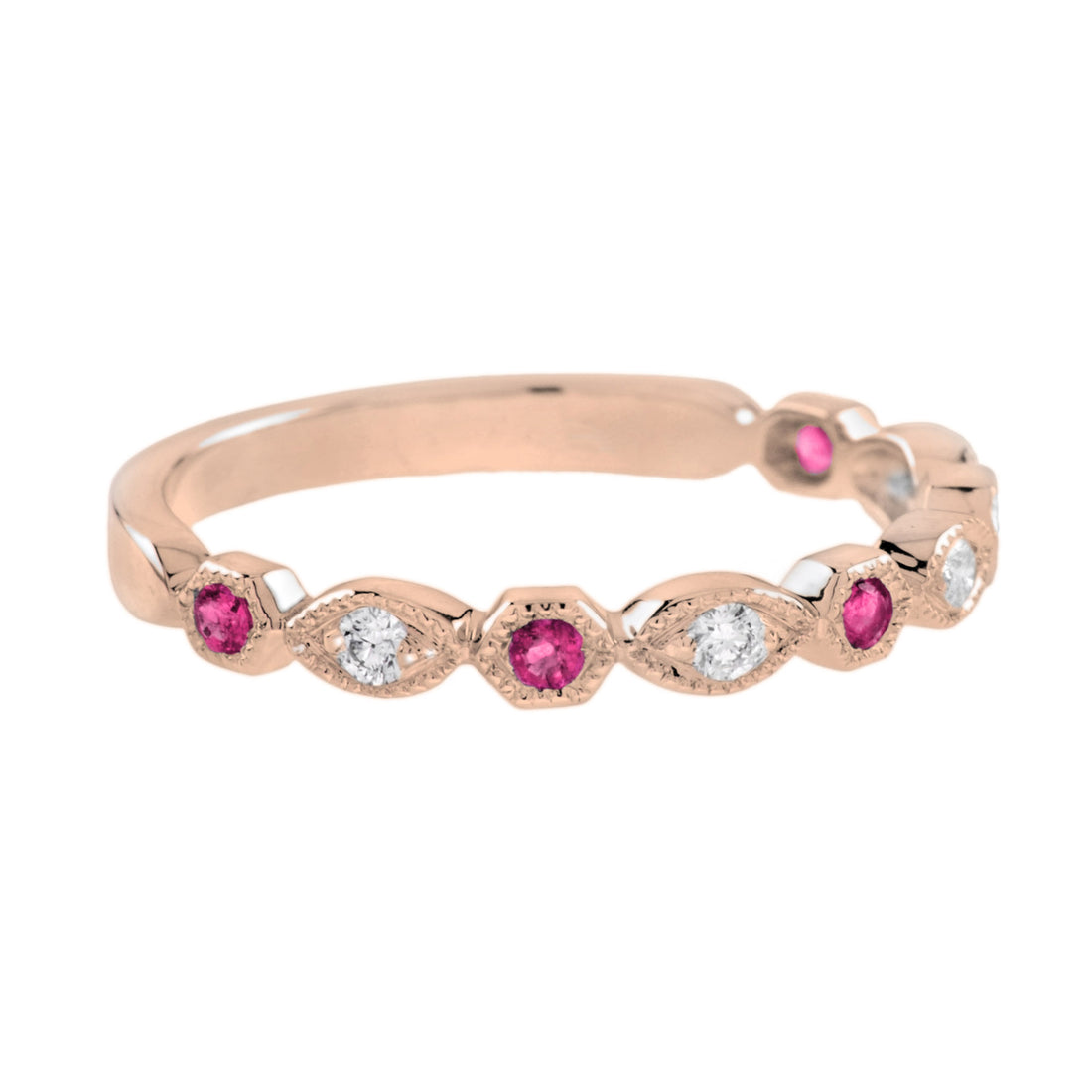 Red Pink Ruby & Diamond Vintage Style Half Eternity 18K Rose Gold Band Ring