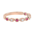 Red Pink Ruby & Diamond Vintage Style Half Eternity 18K Rose Gold Band Ring