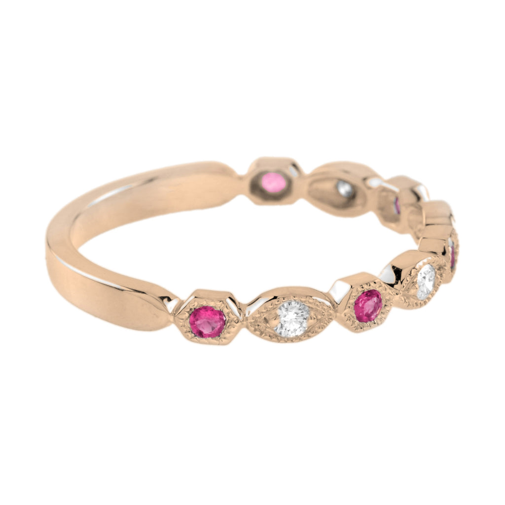 Red Pink Ruby & Diamond Vintage Style Half Eternity 18K Rose Gold Band Ring