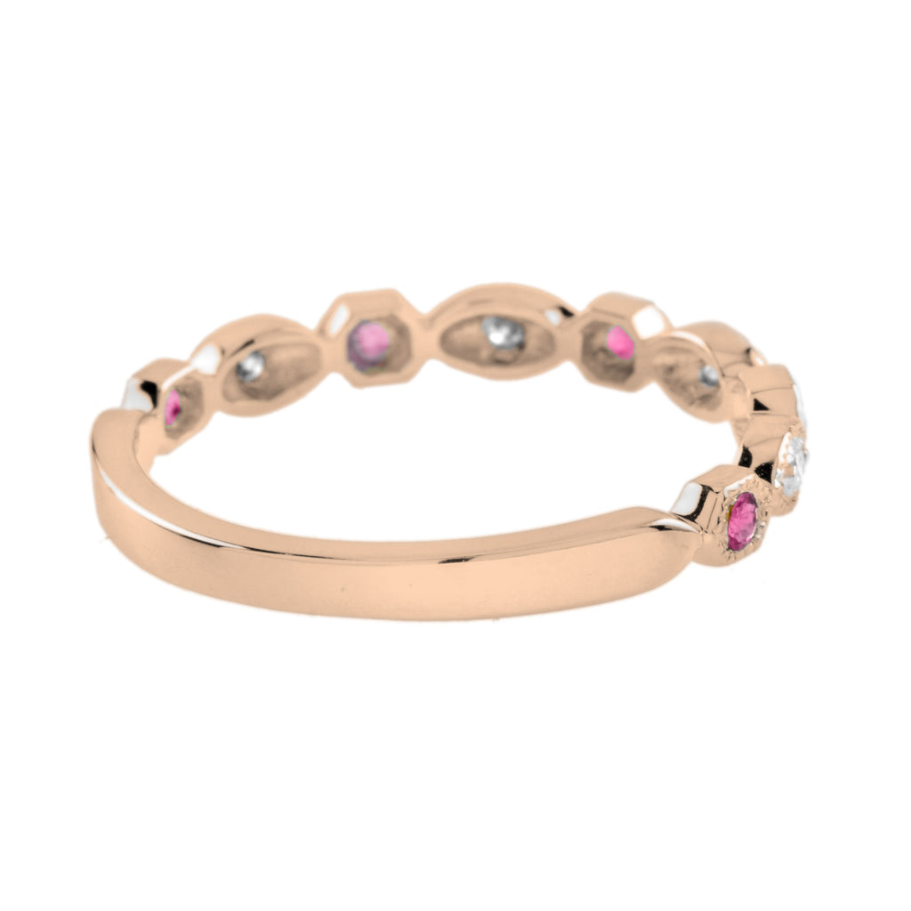 Red Pink Ruby & Diamond Vintage Style Half Eternity 18K Rose Gold Band Ring