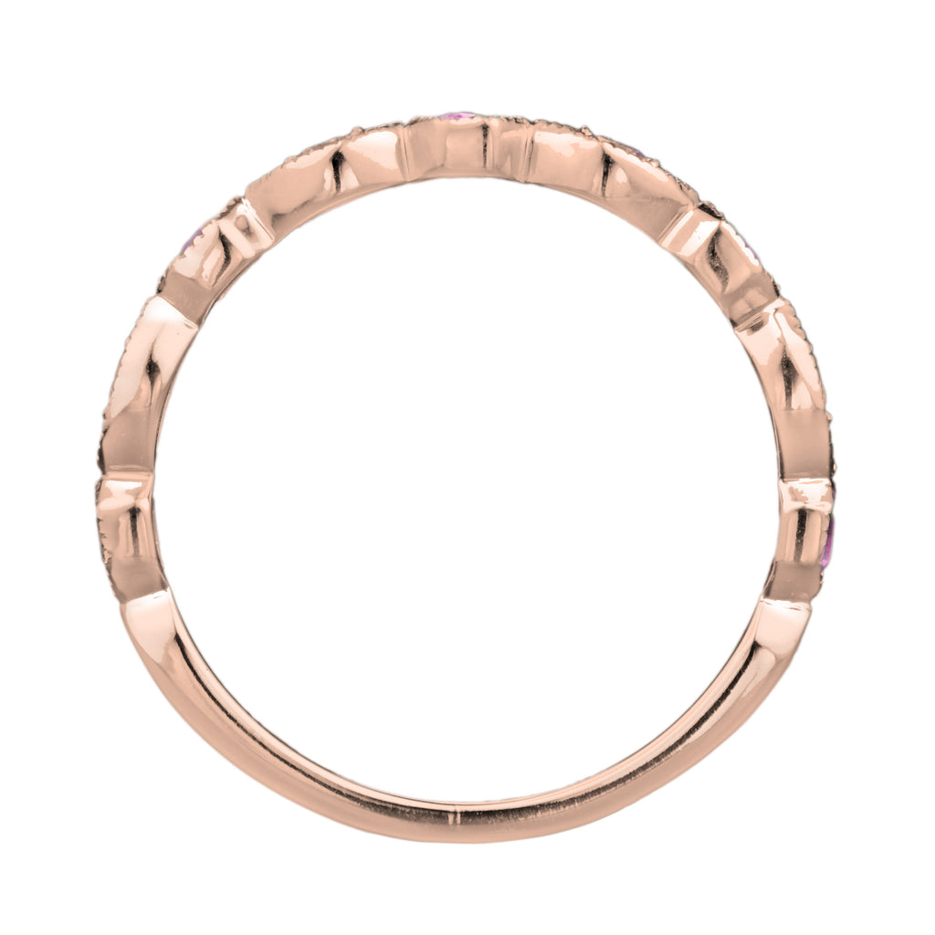 Red Pink Ruby & Diamond Vintage Style Half Eternity 18K Rose Gold Band Ring