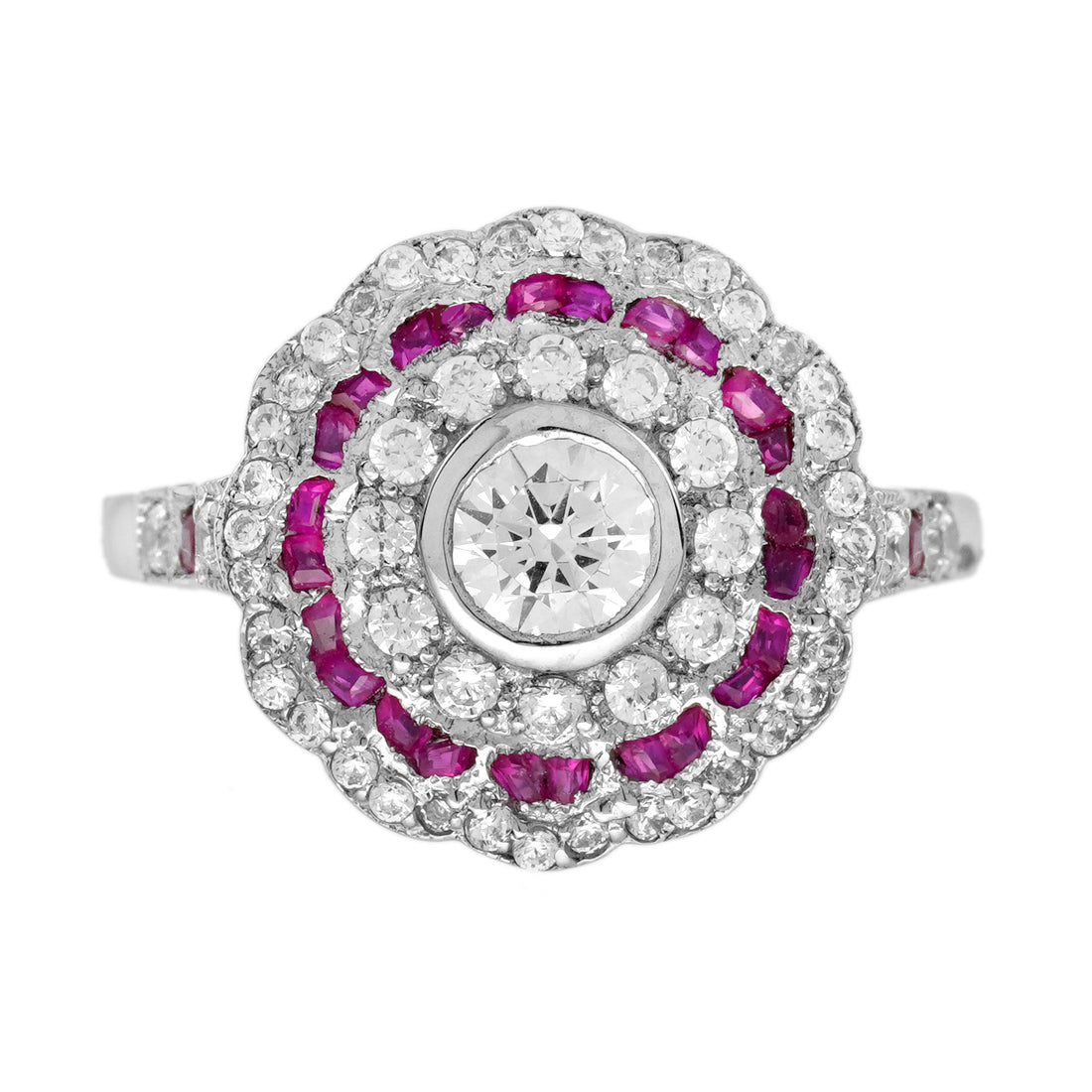 Diamond & Red Pink Ruby Art Deco Style Floral Halo White Gold Ring