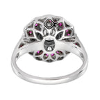 Diamond & Red Pink Ruby Art Deco Style Floral Halo White Gold Ring