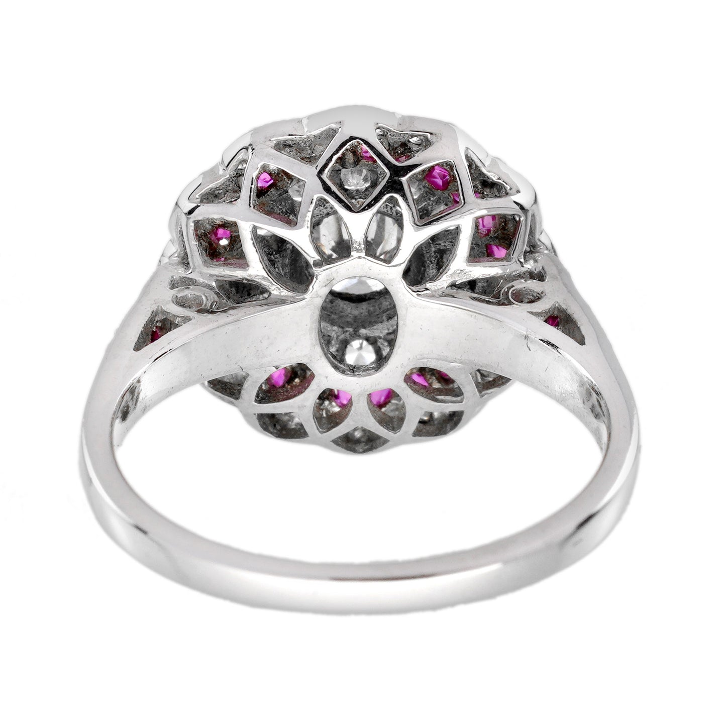 diamond & red pink ruby art deco style floral halo white gold ring