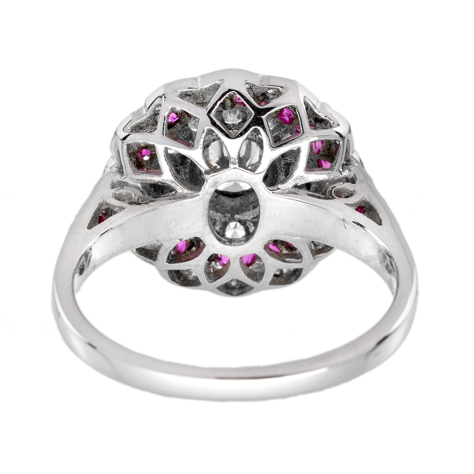 Diamond & Red Pink Ruby Art Deco Style Floral Halo White Gold Ring
