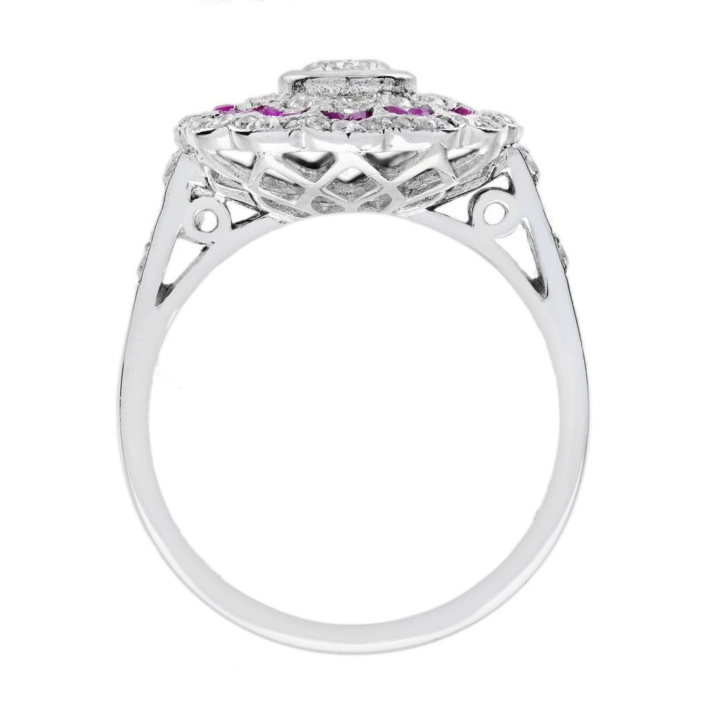 Diamond & Red Pink Ruby Art Deco Style Floral Halo White Gold Ring