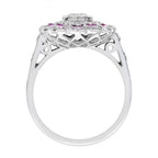 Diamond & Red Pink Ruby Art Deco Style Floral Halo White Gold Ring