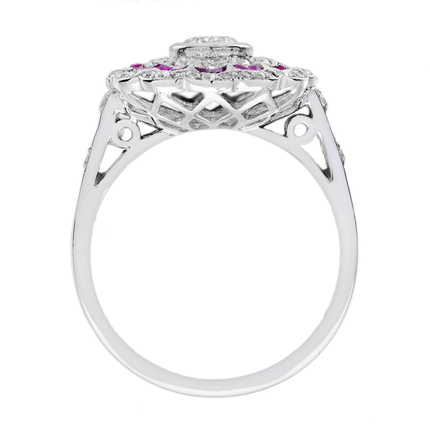 diamond & red pink ruby art deco style floral halo white gold ring