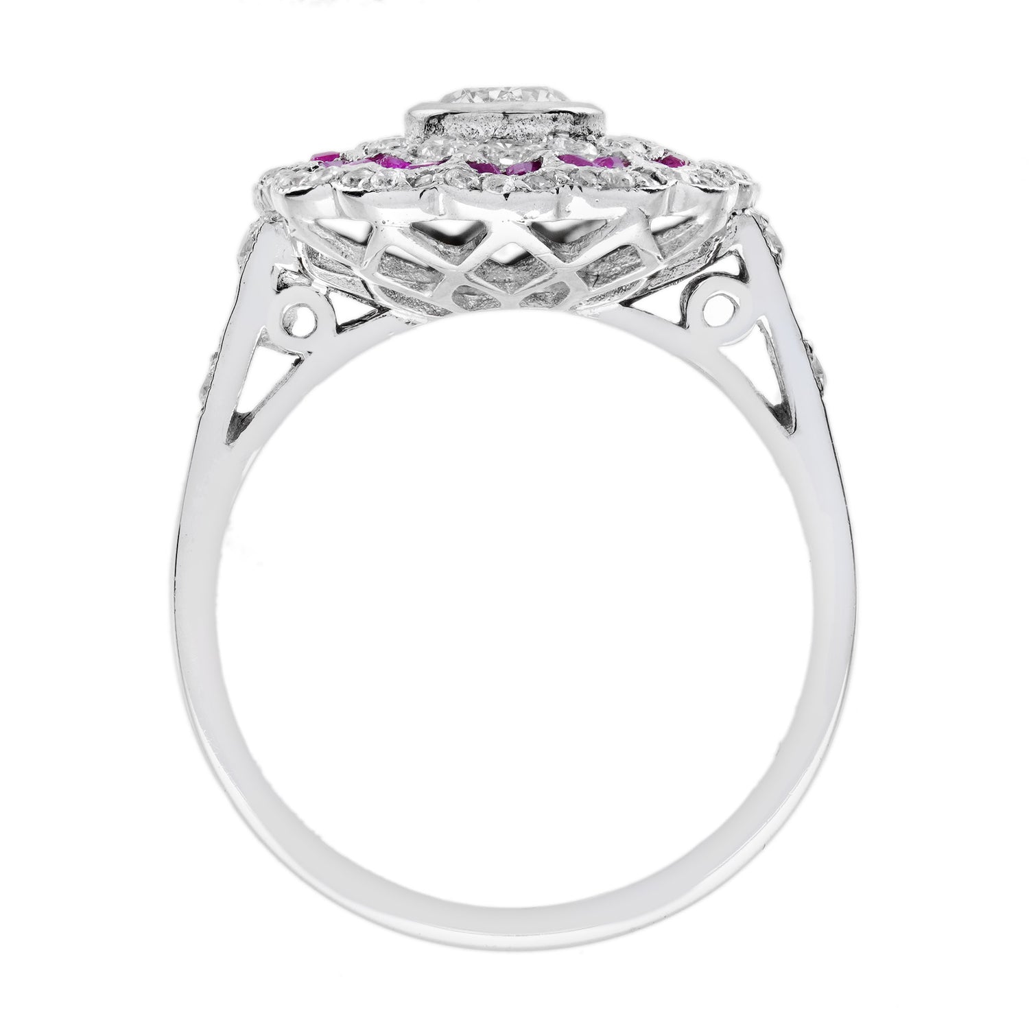 Diamond &amp; Red Pink Ruby Art Deco Style Floral Halo White Gold Ring