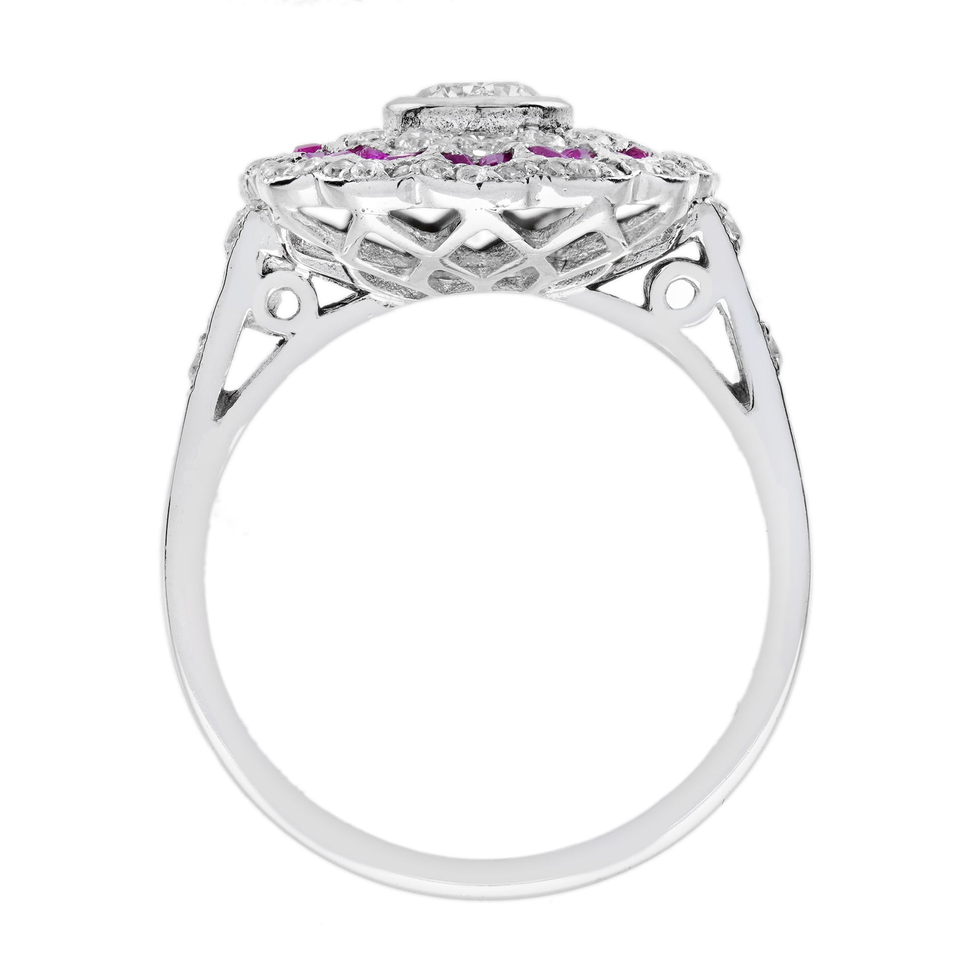 Diamond & Red Pink Ruby Art Deco Style Floral Halo White Gold Ring