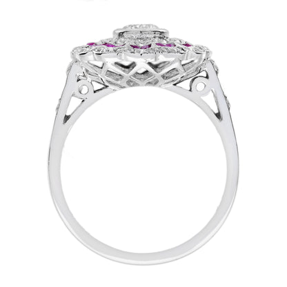 Diamond & Red Pink Ruby Art Deco Style Floral Halo White Gold Ring